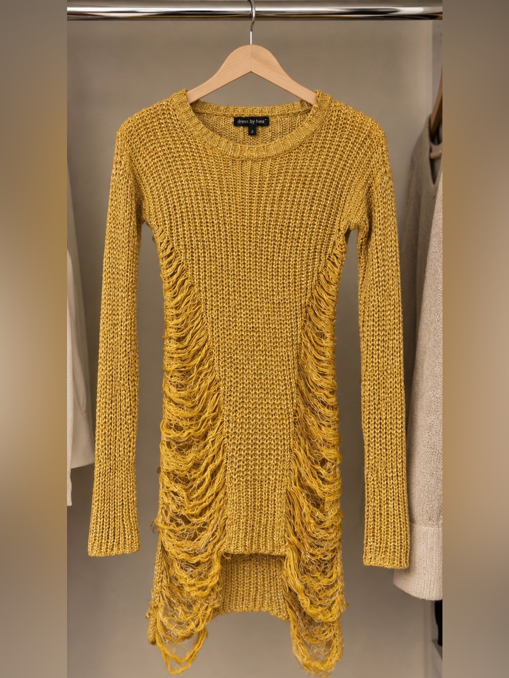 Mustard Fringe Open-Knit Women’s Sweater